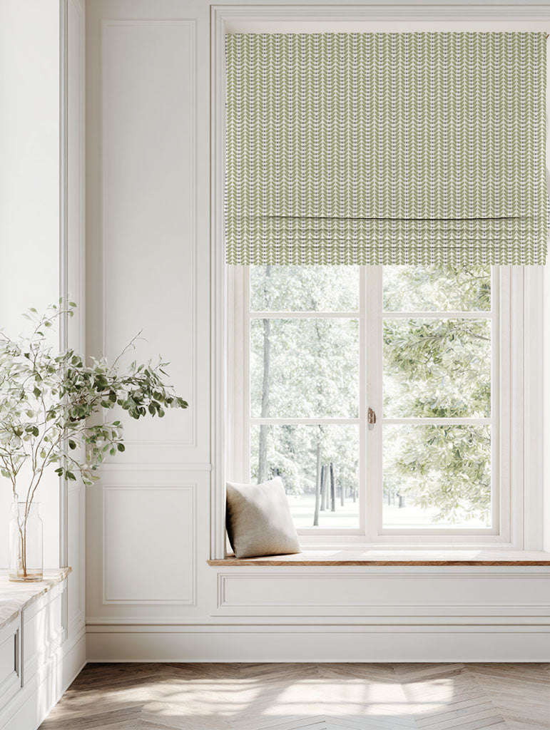 Green Patterned Linen Roman blind - Hilda Olive - White base fabric.
