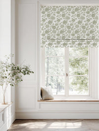 Green Floral Linen Roman Blind - Hulsey Moss-WHT - White base fabric.