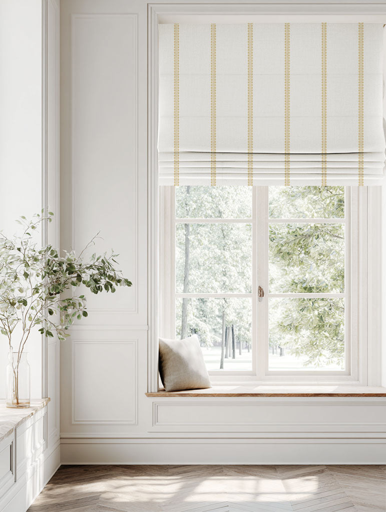 Yellow Striped Linen Roman blind - Imogen Gold Rod - White base fabric.
