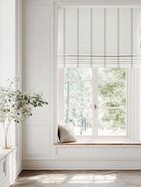 Green Striped Linen Roman blind - Imogen Moss - White base fabric.