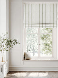 Green Striped Linen Roman blind - Inga Moss - White base fabric.
