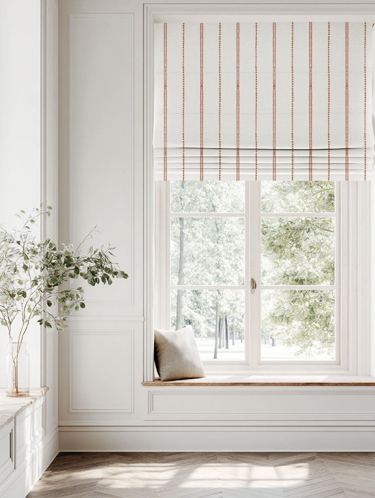 Red / Orange Striped Linen Roman blind - Inga Terracotta - White base fabric.
