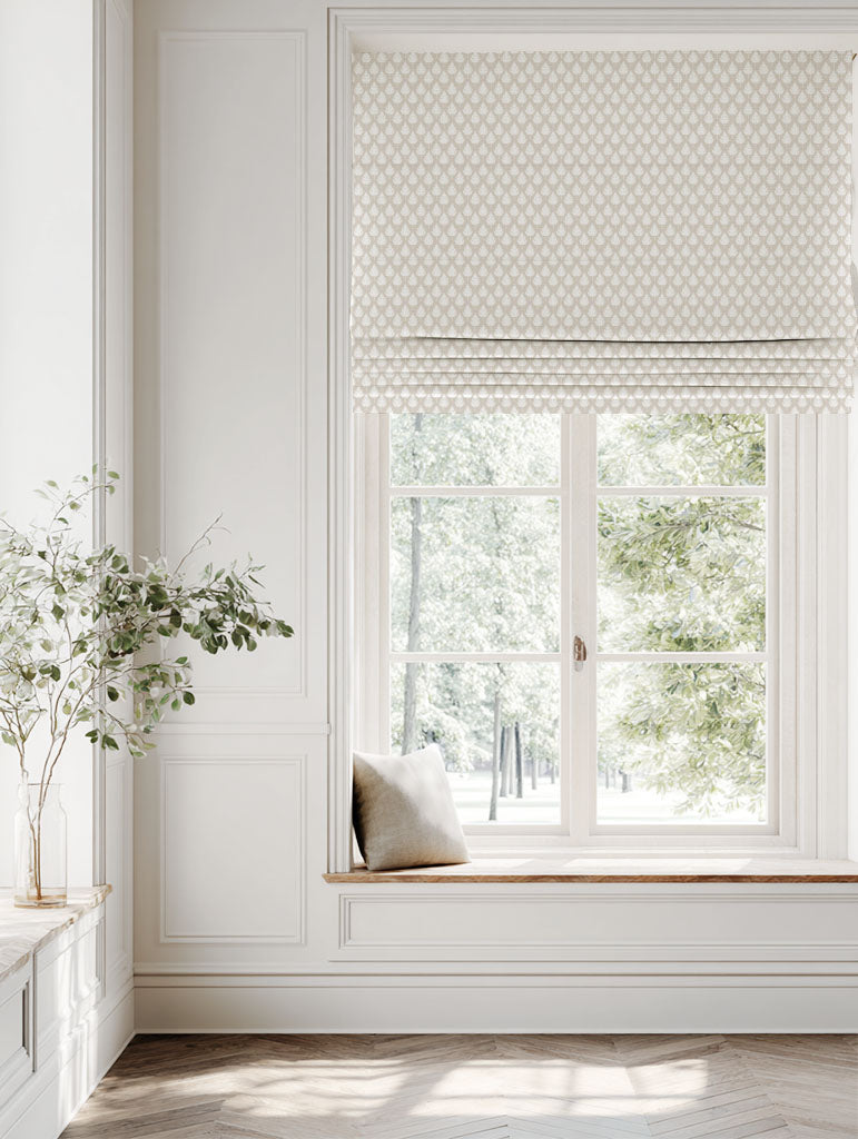 Neutral / Cream Botanical Linen Roman blind - Kira SandWind - White base fabric.