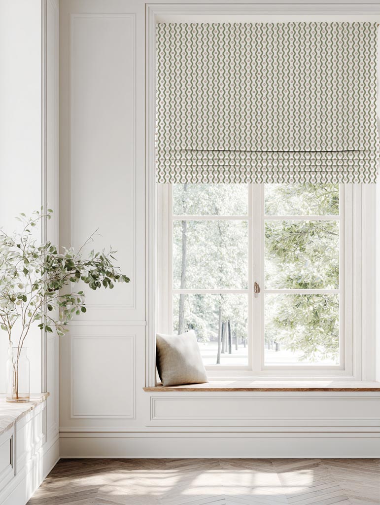 Green Abstract Linen Roman Blind - Kirabe Moss-WHT - White base fabric.