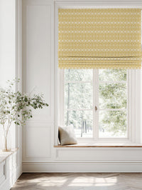 Yellow Patterned Linen Roman blind - Kjersti Dijon - White base fabric.