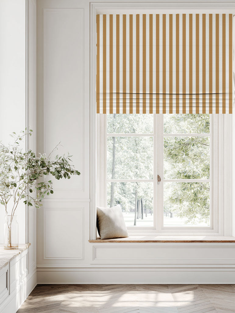 Orange / Yellow Striped Linen Roman blind - Liliana Ochre-WHT - White base fabric.