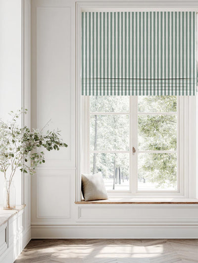 Light Green Striped Linen Roman Blind - Lisabella Sage-WHT - White base fabric.