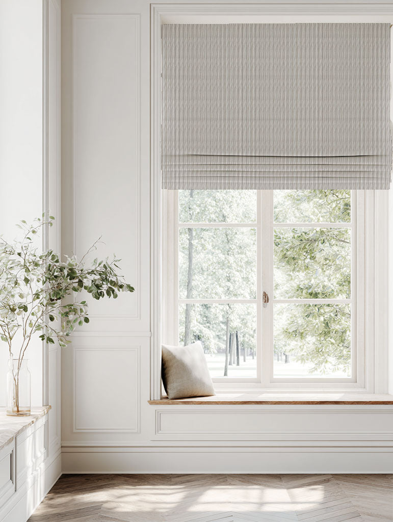 Brown Striped Linen Roman blind - Maisa Nougat - White base fabric.