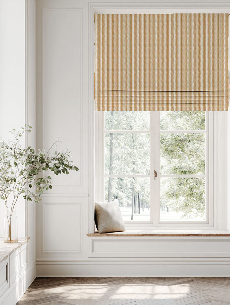 Orange / Yellow Striped Linen Roman blind - Maisa Ochre - White base fabric.