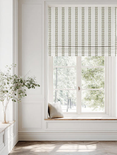 Green Abstract Striped Linen Roman Blind - Margarie Moss-WHT - White base fabric.