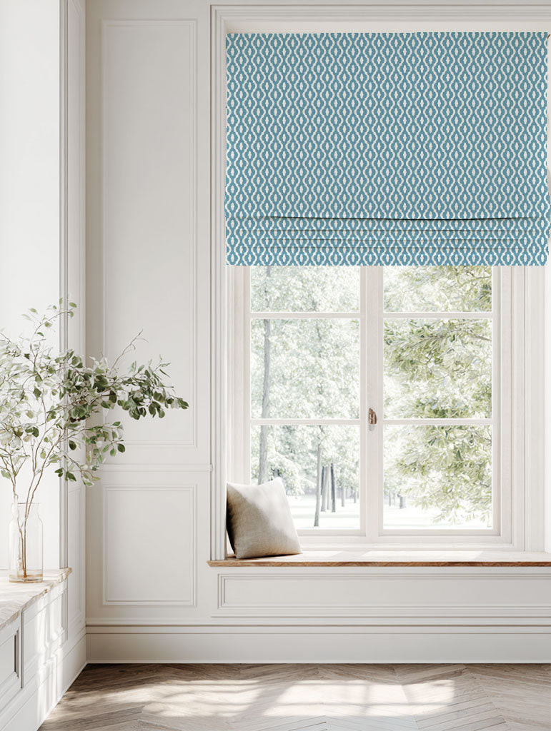 Blue Patterned Roman blind - Oona Marine - White base fabric.