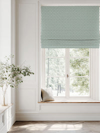 Green Patterned Linen Roman blind - Oona Sage - White base fabric.