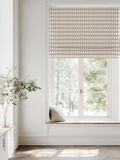 Pink Abstract Linen Roman Blind - Ronelle Peony-WHT - White base fabric.