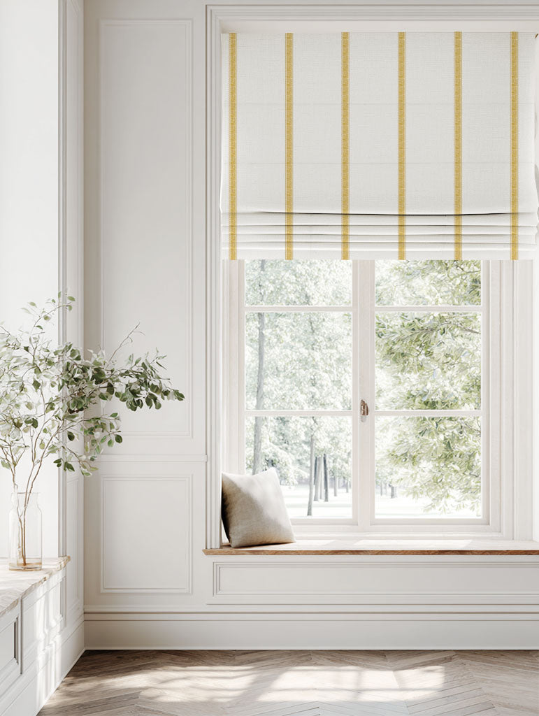 Yellow Striped Linen Roman blind - Rune Gold Amber - White base fabric.