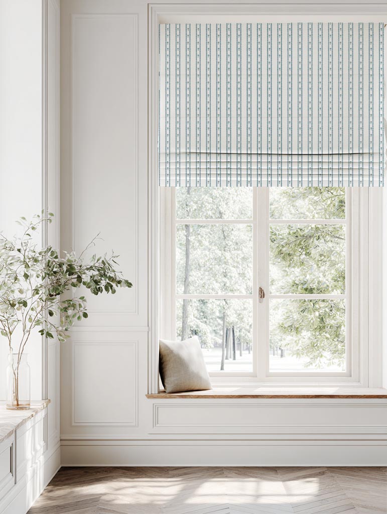 Blue Floral Stripe Linen Roman Blind - Silvian Paris Blue-WHT - White base fabric.