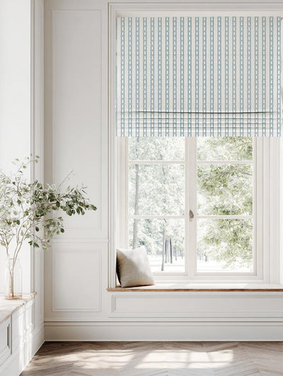 Blue Floral Stripe Linen Roman Blind - Silvian Paris Blue-WHT - White base fabric.