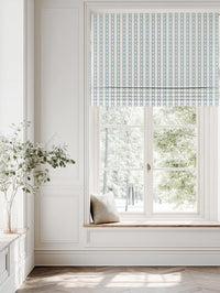 Blue Floral Stripe Linen Roman Blind - Silvian Paris Blue-WHT - White base fabric.