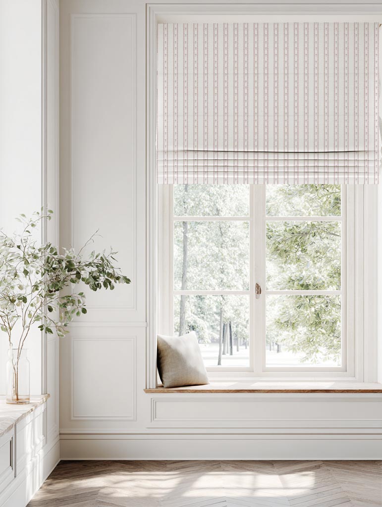Pink Floral Stripe Linen Roman Blind - Silvian Peony-WHT - White base fabric.