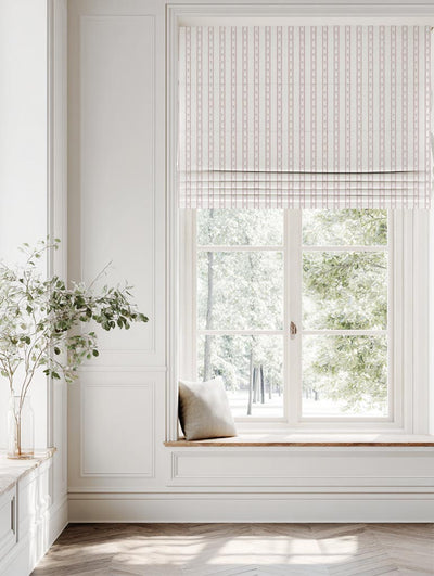 Pink Floral Stripe Linen Roman Blind - Silvian Peony-WHT - White base fabric.