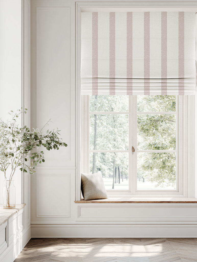 Pink Striped Linen Roman blind - Sumi Peony-WHT - White base fabric.