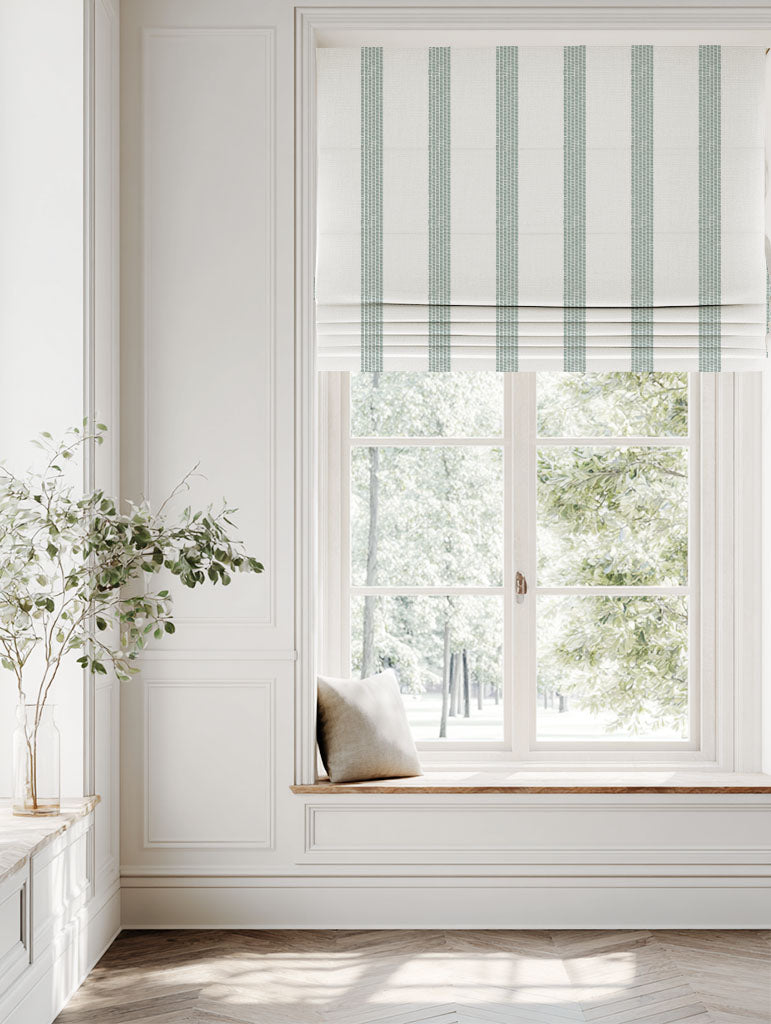 Green Striped Linen Roman blind - Sumi Sage-WHT - White base fabric.