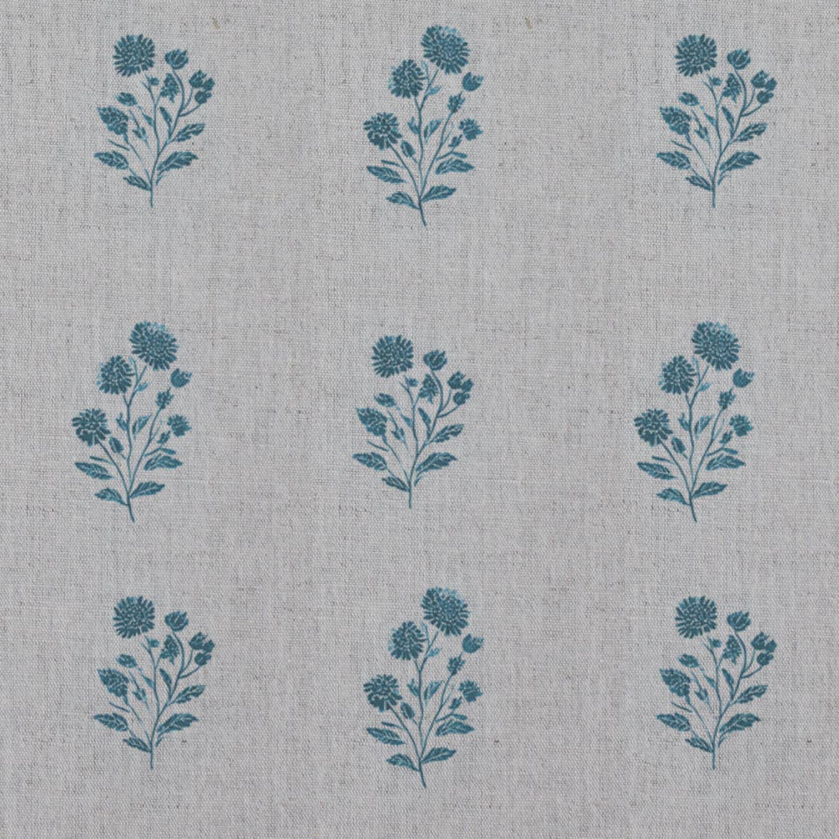 Blue Floral Linen Curtain Fabric - Cherie Blue Stone - Natural base fabric.