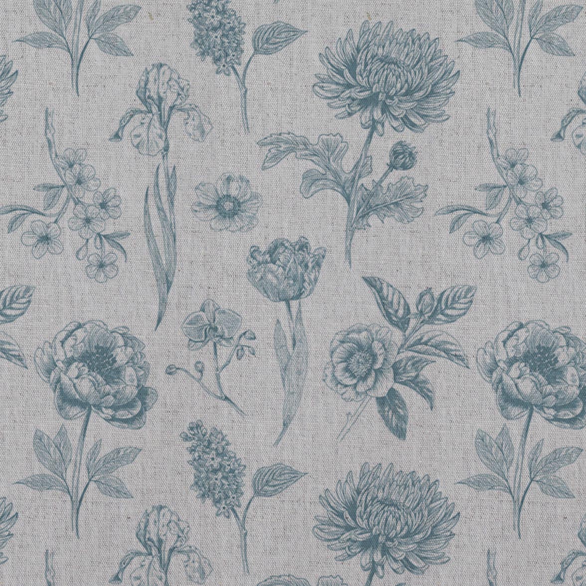 Blue Floral Linen Curtain Fabric - Cirian Paris Blue - Natural base fabric.