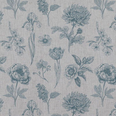 Blue Floral Linen Curtain Fabric - Cirian Paris Blue - Natural base fabric.