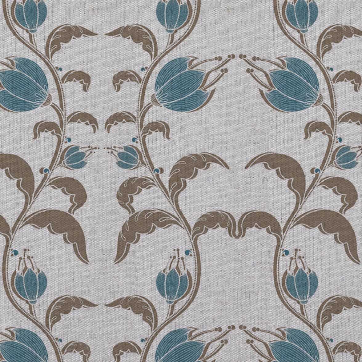 Blue and Brown Patterned Linen Curtain Fabric - Dana Blue Pebble - Natural base fabric.