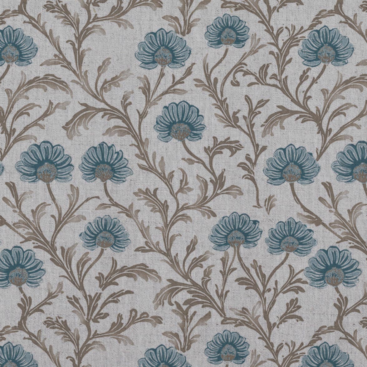 Blue Floral Linen Curtain Fabric - GoldMae Blue Stone - Natural base fabric.