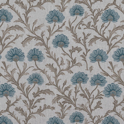 Blue Floral Linen Curtain Fabric - GoldMae Blue Stone - Natural base fabric.