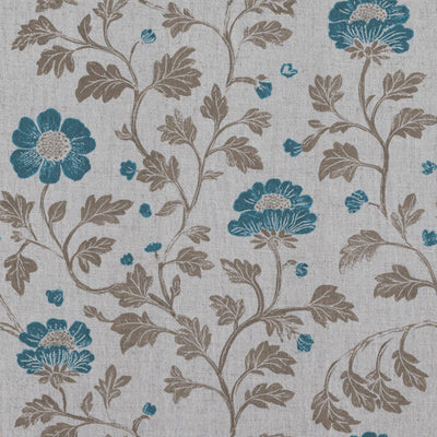 Blue Floral Linen Curtain Fabric - Islie Blue Stone - Natural base fabric.