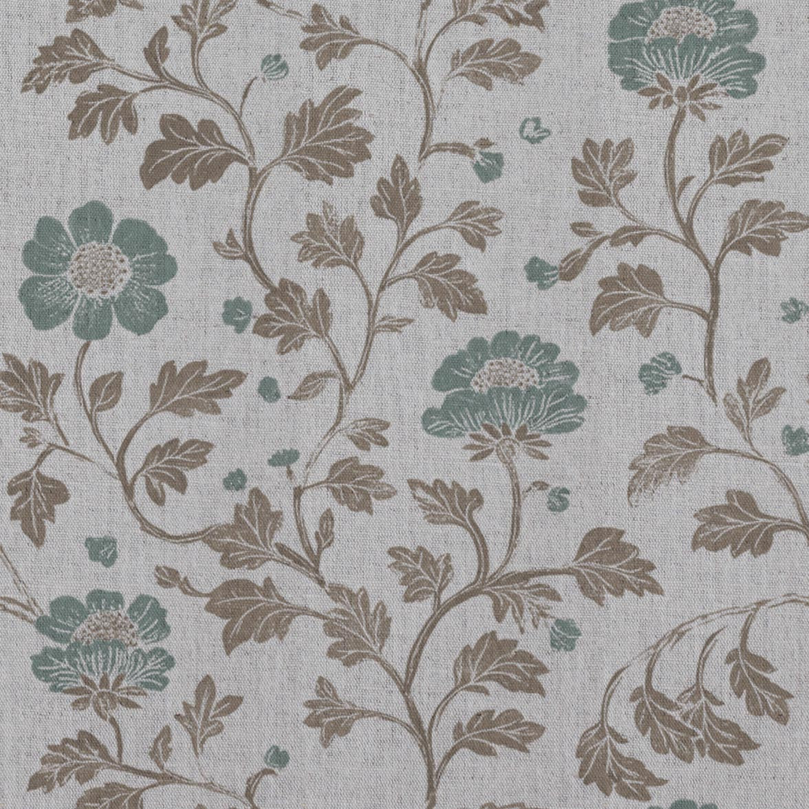 Light Green Floral Linen Curtain Fabric - Islie Sage - Natural base fabric.