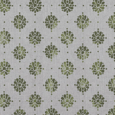 Green Abstract Floral Linen Curtain Fabric - Lany Khaki - Natural base fabric.