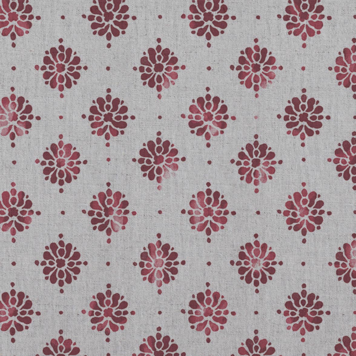 Red Abstract Floral Linen Curtain Fabric - Lany Wine - Natural base fabric.