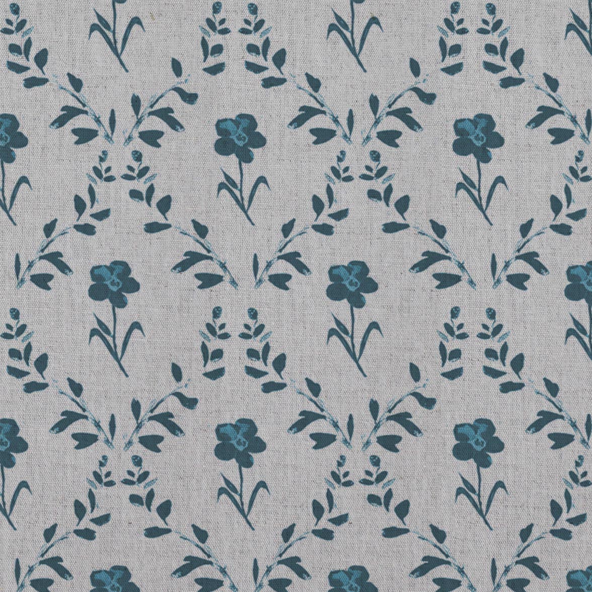 Blue Botanical Linen Curtain Fabric - Lulani Blue Stone - Natural base fabric.