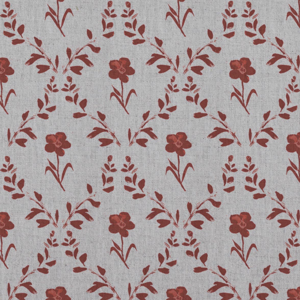 Red Botanical Linen Curtain Fabric - Lulani Crimson Red - Natural base fabric.