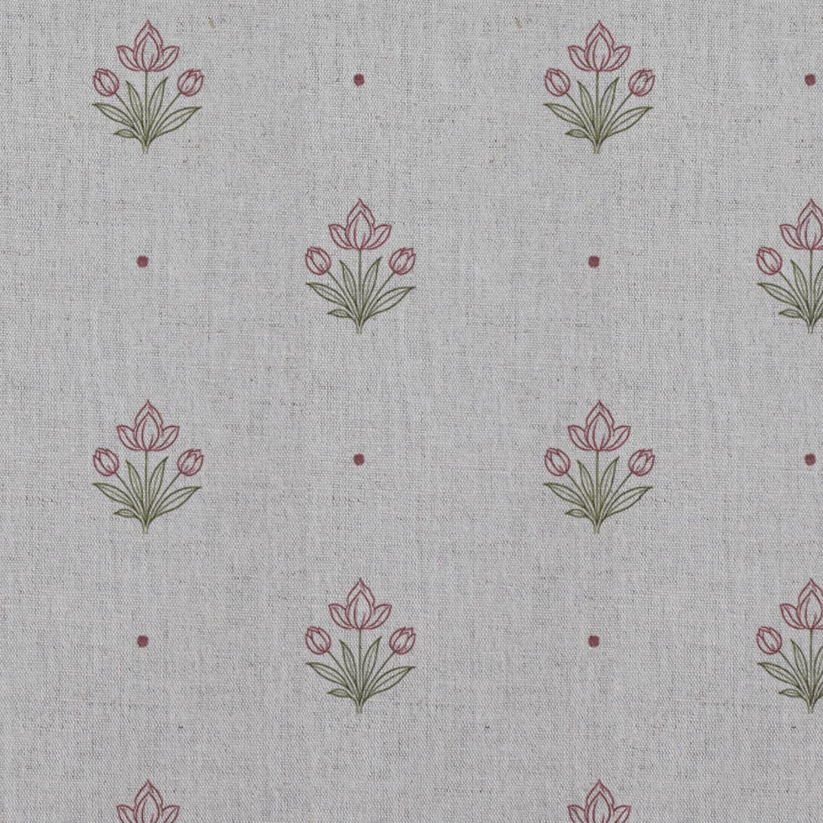 Red Floral Linen Curtain Fabric - Maryam Wine - Natural base fabric.