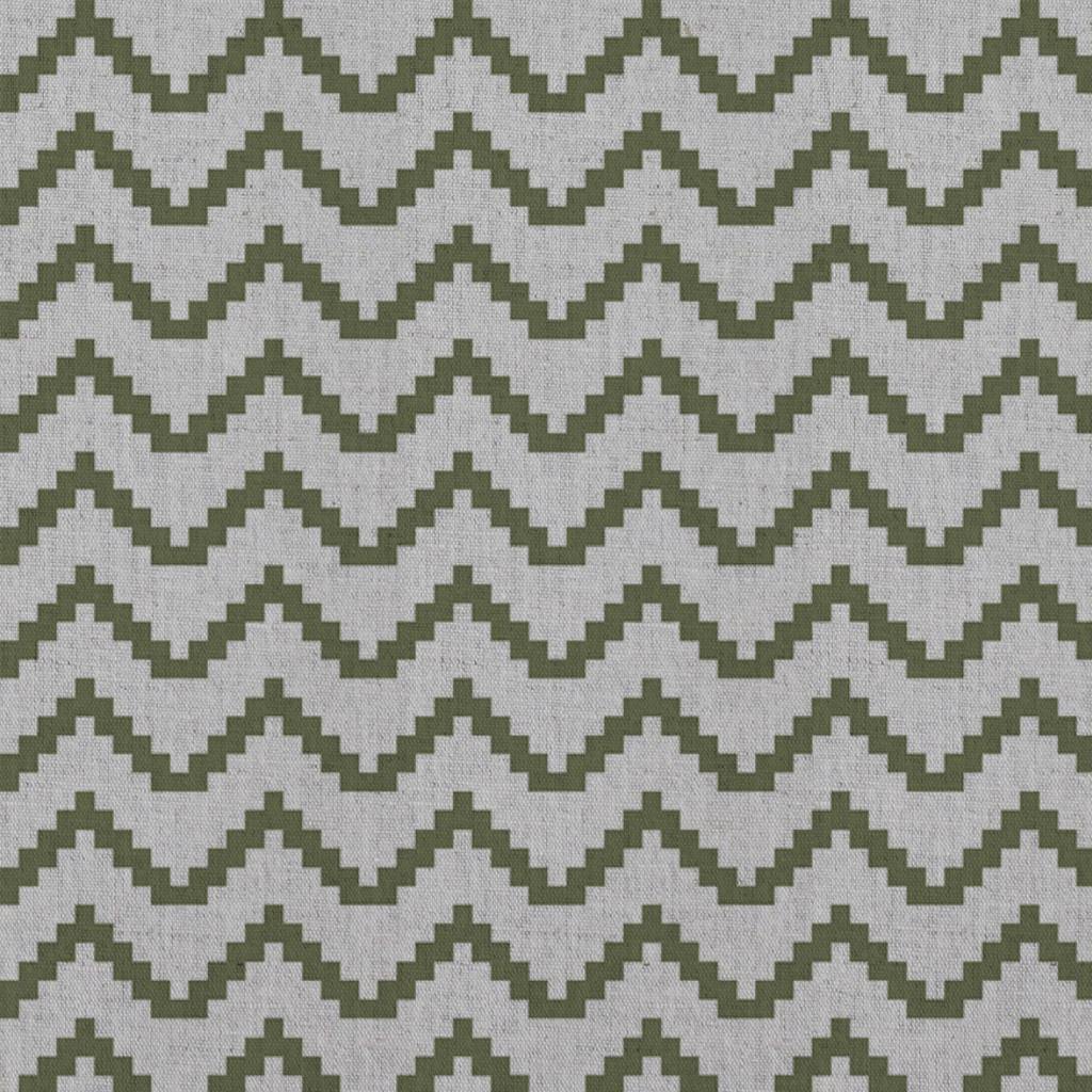 Green Patterned Linen Curtain Fabric - Azig Khaki - Natural base fabric.