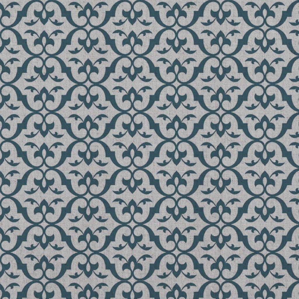 Blue Patterned Linen Curtain Fabric - Brita Blue Stone - Natural base fabric.