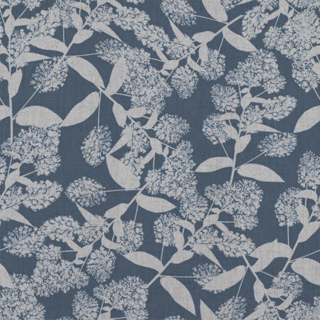 Blue Floral Linen Curtain Fabric - Dagmar-INV Denim - Natural base fabric.