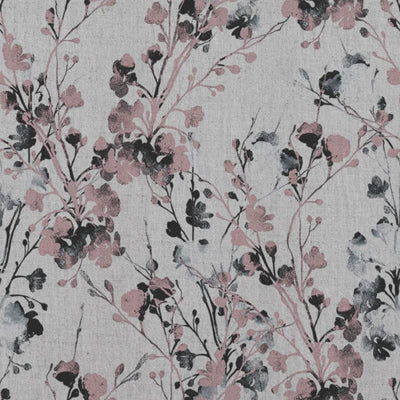 Pink Floral Linen Curtain Fabric - FlowerBliss Powder Rose - Natural base fabric.