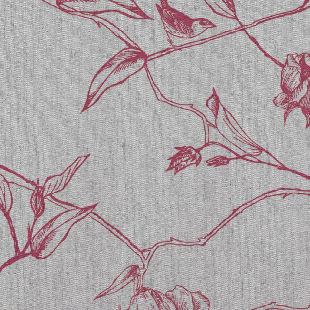 Red Floral Linen Curtain Fabric - Gardenia Cherry - Natural base fabric.