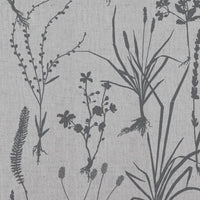 Grey Floral Linen Curtain Fabric - Iida Ash - Natural base fabric.