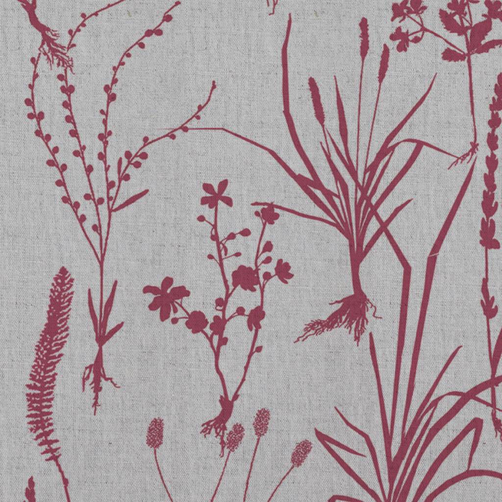 Red Floral Linen Curtain Fabric - Iida Cherry - Natural base fabric.