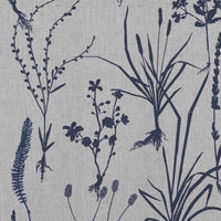 Blue Floral Linen Curtain Fabric - Iida Deep Blue - Natural base fabric.