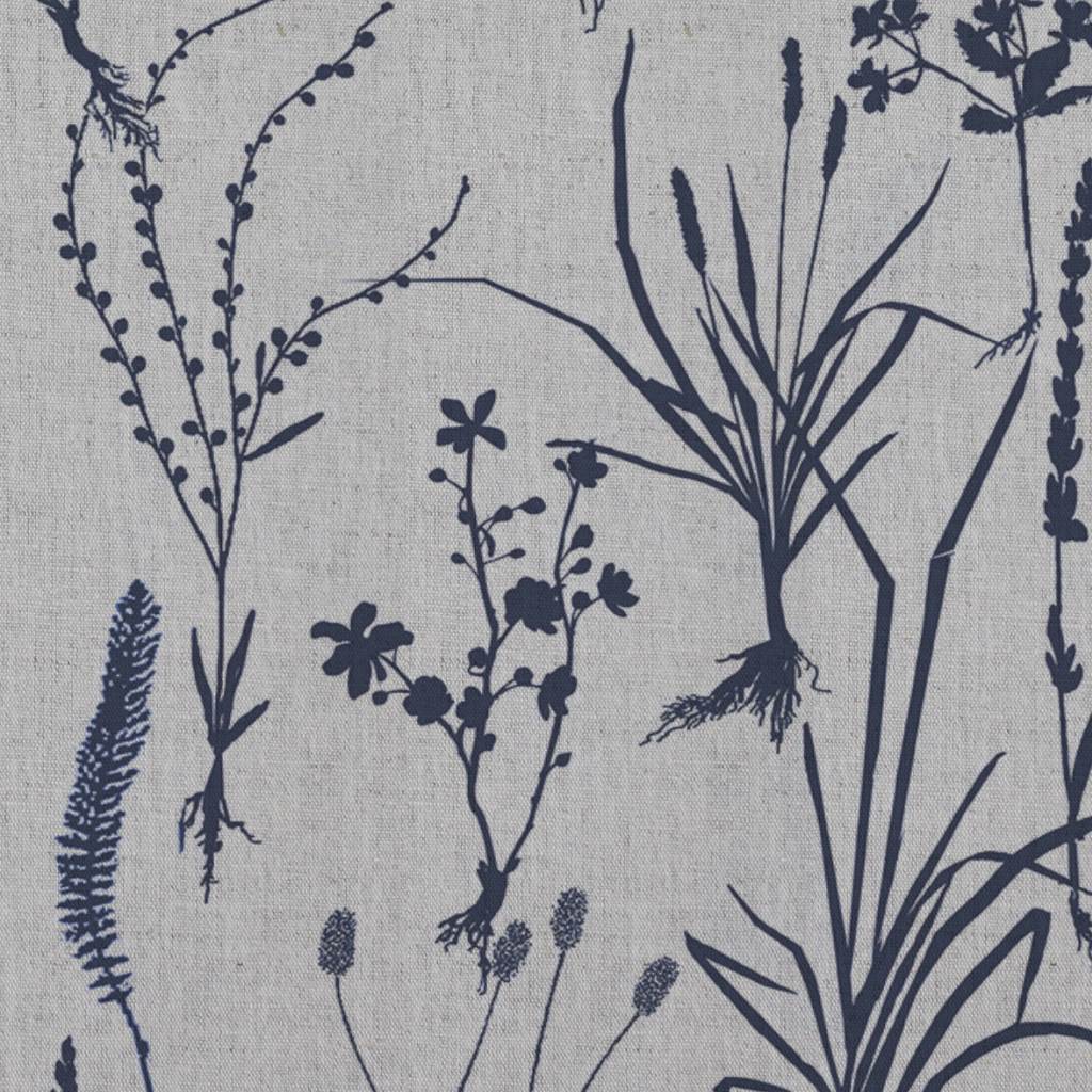 Blue Floral Linen Curtain Fabric - Iida Deep Blue - Natural base fabric.