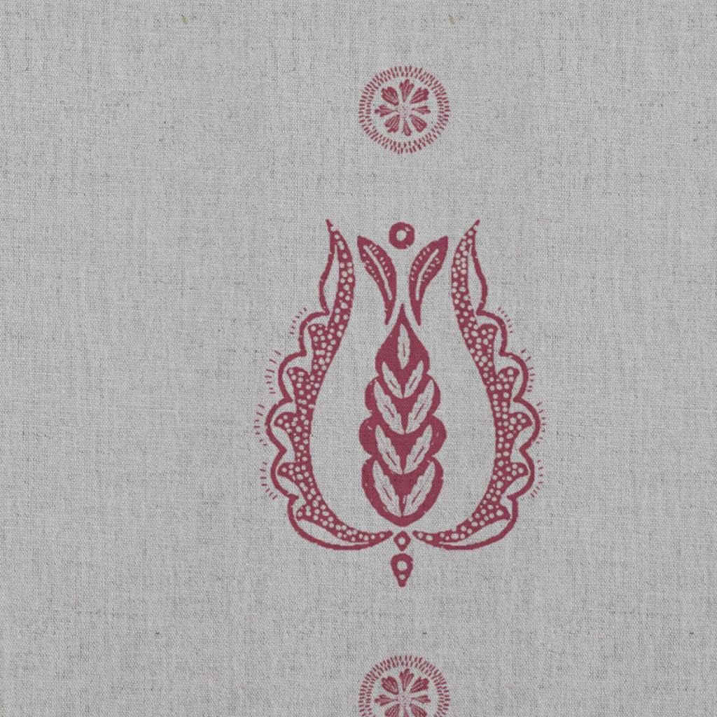 Red Patterned Linen Curtain Fabric - Maya Cherry - Natural base fabric.