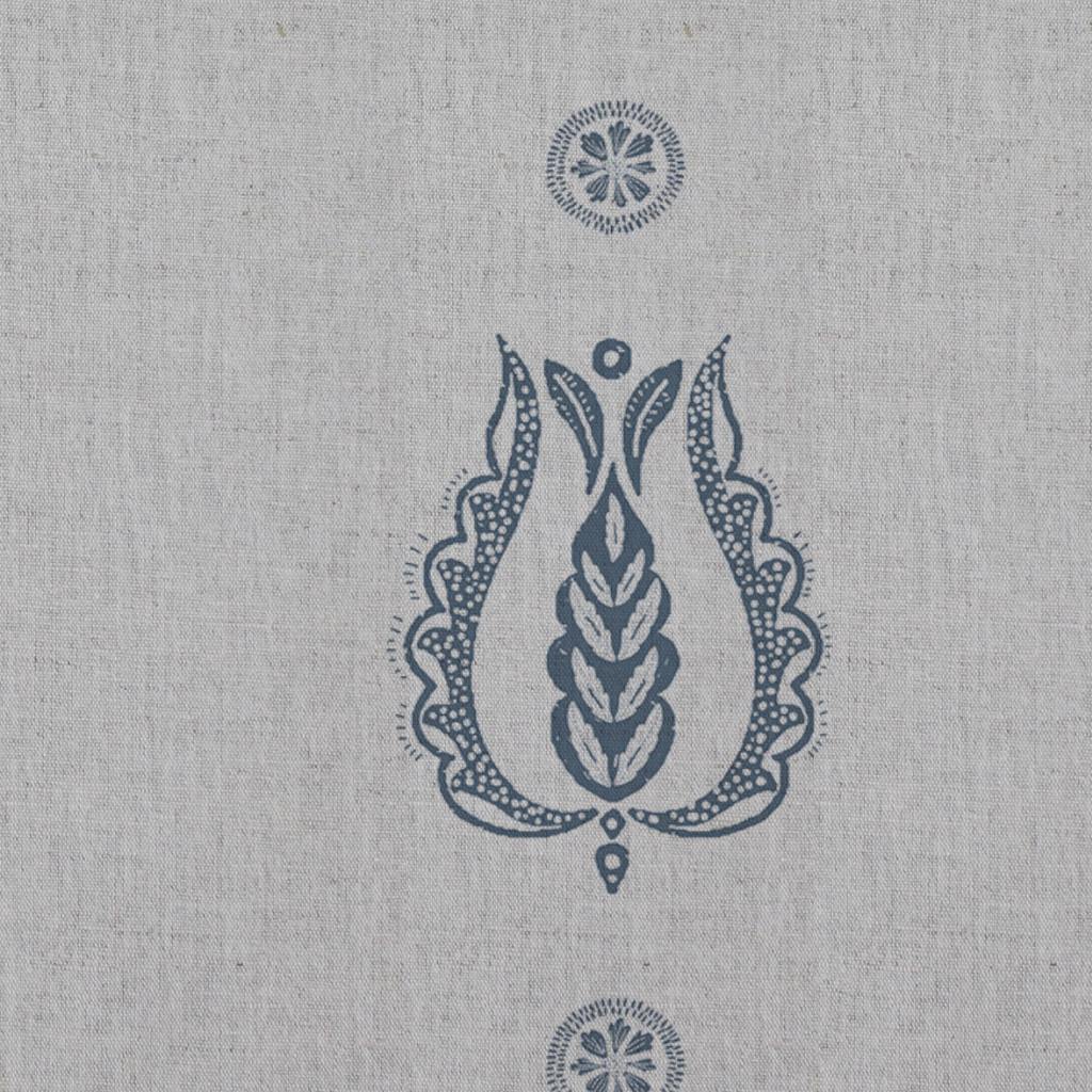 Blue Patterned Linen Curtain Fabric - Maya Denim - Natural base fabric.