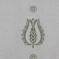 Green Patterned Linen Curtain Fabric - Maya Khaki - Natural base fabric.